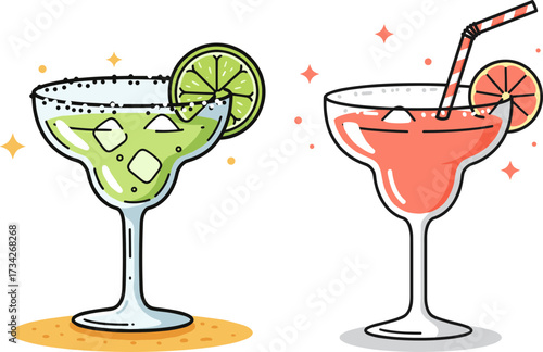 Two colorful margarita cocktails in flat style with transparent background  