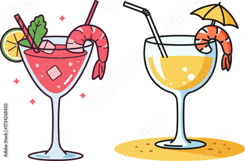 Colorful cocktails with shrimp and umbrella in flat style, transparent background  