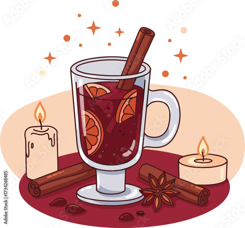 Glass of mulled wine with spices and candles in flat style, transparent background  