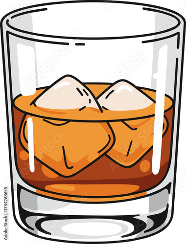 Glass of whiskey with ice cubes on transparent background  