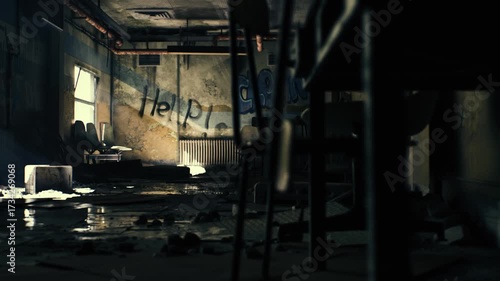 ruined horror hospital corridor. Apocalyptic scene