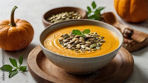 Homemade pumpkin soup with seeds in ceramic bowl on autumn background