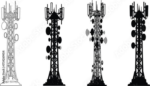 Cell tower silhouette vector illustration, communication antenna design, wireless technology mast, telecommunication infrastructure, network signal tower