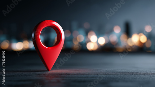 Red map pin marker standing on wet surface with city bokeh background. AI generated