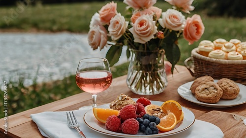 Elegant outdoor picnic setup with fruit tart, desserts and glasses of wine