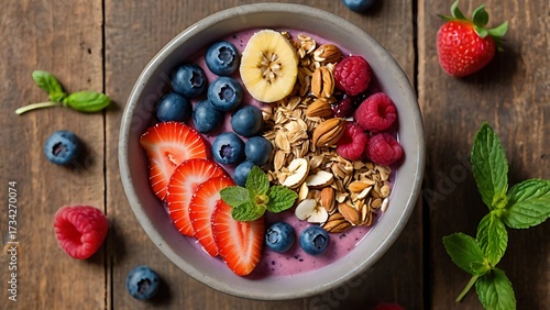 Vegan breakfast bowls with oats, yogurt and colorful fresh fruits