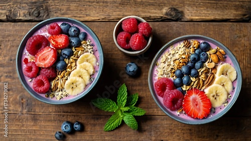 Granola and yogurt bowls with fresh berries and banana on wooden table