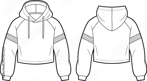 Cropped hoodie fashion sketch, front and back view, raglan sleeve, drawstring hood, ribbed cuff, flat vector, CAD drawing, apparel design