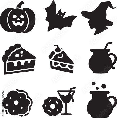Halloween Treat Silhouettes: Black White Pie Bat Drink Witch Vector Art and and pumpkin pie, bat cookies, bloody cocktail, witch brew.