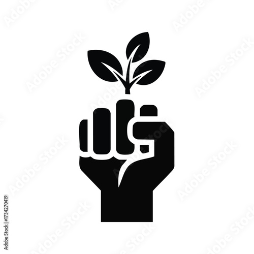 Empowering Environmental Activism with a Raised Fist Holding a Sprouting Plant Symbolizing Growth and Sustainability