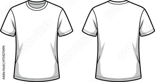 Front and back t-shirt vector, blank white shirt template, cad drawing flat vector illustration, fashion mockup, apparel design, outline