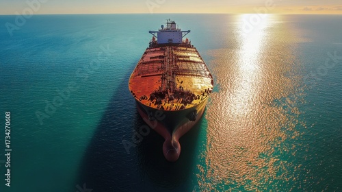 Aerial view of ship tank transporting oil across open water, natural daylight, blue ocean background.