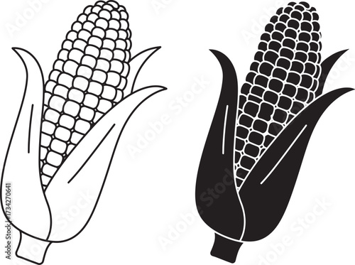 Two stylized illustrations of corn on the cob one in outline and one in silhouette