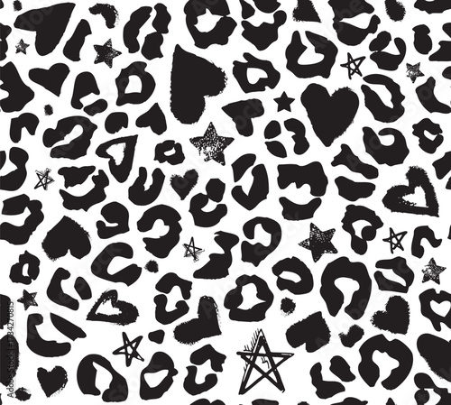 Seamless leopard print pattern. Repeating vector print with black sketched hearts, stars and cheetah spots on a white background. Apparel textile pattern. Hand drawn illustration.