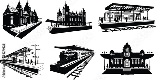 classic train platform, retro architecture, old locomotive, passenger terminal, historical transport, urban silhouette, black white illustration, railway 