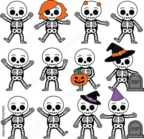 Halloween skeleton cartoon, festive bone characters, spooky vector design, kids skeleton illustration, tombstone elements, cad drawing flat vector illustration