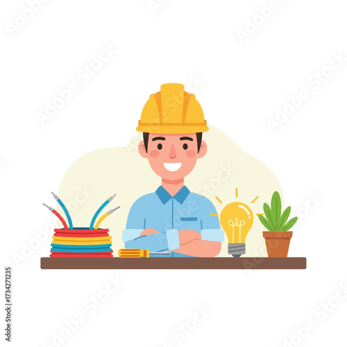 Vector art of smiling electrician with wires and light bulb