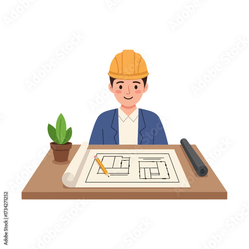 Vector art of architect wearing hard hat working on blueprint
