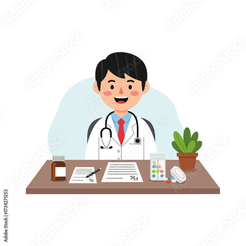Vector art of doctor sitting at his desk with prescription and medication