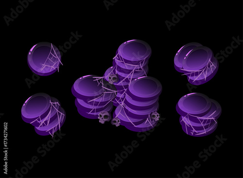 Halloween Purple Coin Stack Icon Pack Spooky Money Pile Heap Treasure Skull Cobweb Horror Fantasy RPG Game Ui Currency Asset Loot Vector Illustration