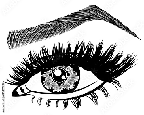 Illustration with woman's eye, eyelashes and eyebrow. Makeup Look. Tattoo design. Logo for brow bar or lash salon.