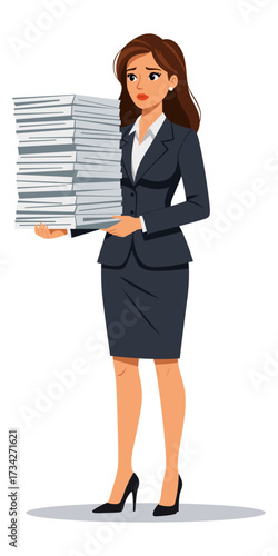 Businesswoman overloaded paperwork standing stress workload