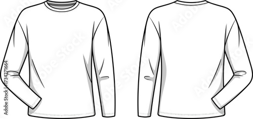 Plain white long sleeve shirt front and back view, crew neck apparel mockup, fashion flat sketch, cad drawing flat vector illustration