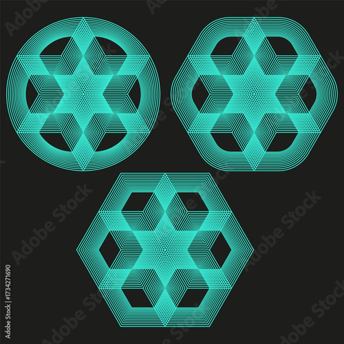 Geometric hexagon pattern. Blue wireframe shapes. Vector volumetric illustration. Modern technical design.