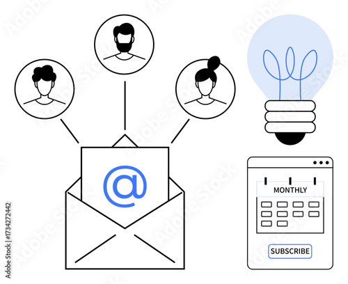 Open envelope with email symbol, user network, idea bulb, and monthly subscription calendar. Ideal for email marketing, communication, teamwork, networking, subscriptions innovation connections