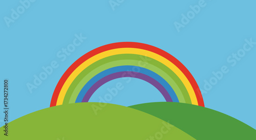 Vibrant Rainbow Arching Over Rolling Green Hills Under Blue Sky