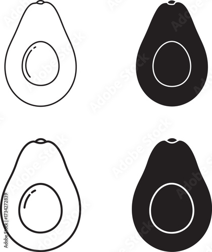 Set of four avocado halves two outlined and two solid black isolated on white background