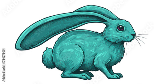 Stylized Teal Rabbit Illustration with Exaggerated Long Ears, Bright Pink Eyes, and Textured Fur, Crouching