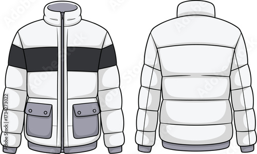 Winter jacket front back view, padded coat design, fashion outerwear, cad drawing, flat vector, clothing template, apparel illustration, zipper pockets