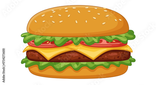 Cartoon Style Burger with Lettuce, Tomato, Cheese, and Sesame Seed Bun