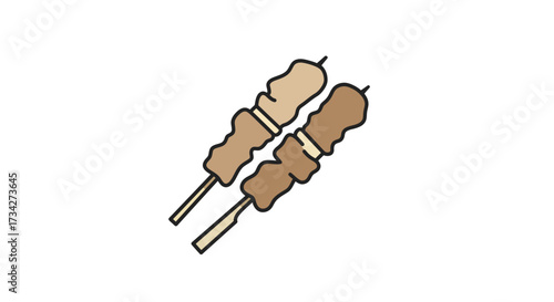 Two stylized meat skewers with brown and tan pieces