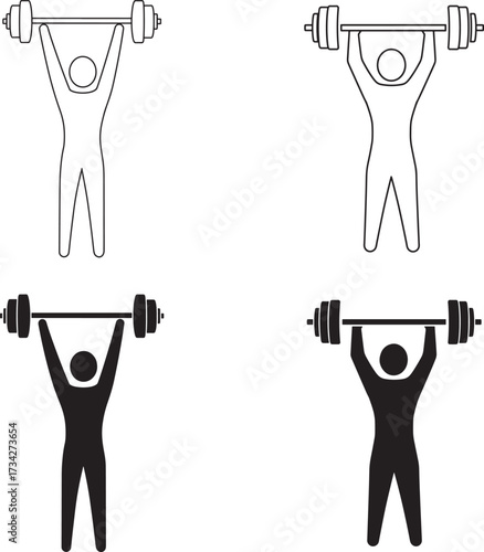 Two pairs of simplified illustrations depicting weightlifters lifting barbells overhead in sketch and silhouette styles