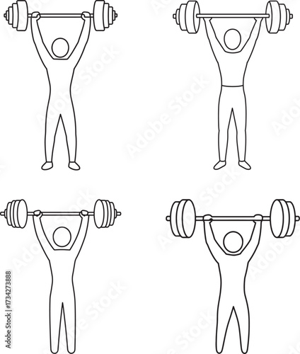 Four simple line art figures demonstrating weightlifting and strength training exercises