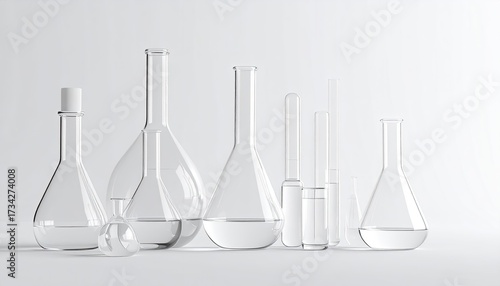 Glass labware filled with liquids, grouped on a white surface for use in science