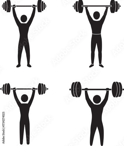 Four silhouettes of athletes performing overhead weightlifting exercises with barbells