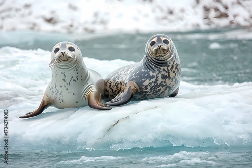 Two Harbor Seals Resting on Ice Floe Arctic Wildlife Ocean Mammals Winter Scene Cute Seals Animal Photography