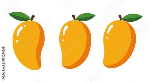 Three Cartoon Mangoes with Green Leaves, Yellow and Orange Colors