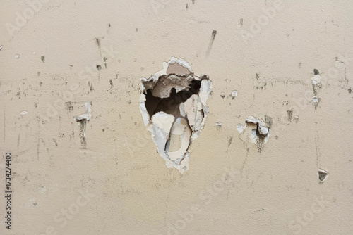 Holes, scratches, and dirt in a painted plasterboard wall. Background: beige.