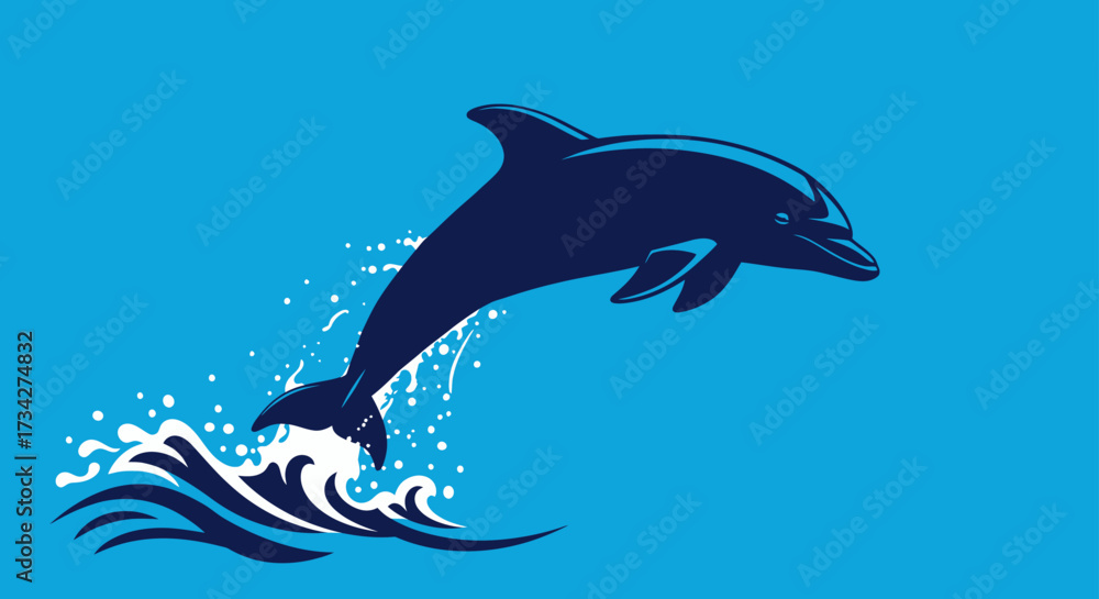 Naklejka premium Navy Blue Dolphin Leaping from White Waves, Vector Illustration