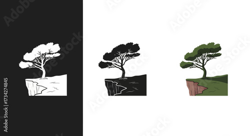 Hand Drawn Tree on Cliff Vector Logo Template Set for Outdoor Brands