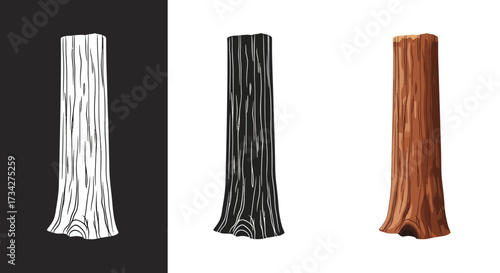 Vintage Redwood Tree Trunk Vector Illustration Set with Hand Drawn Wood Bark Texture