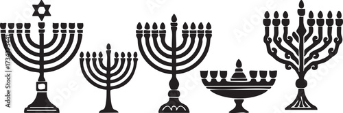 Set of Five Hanukkah Menorah and Hanukkiah Candle Holder Black Vector Icons