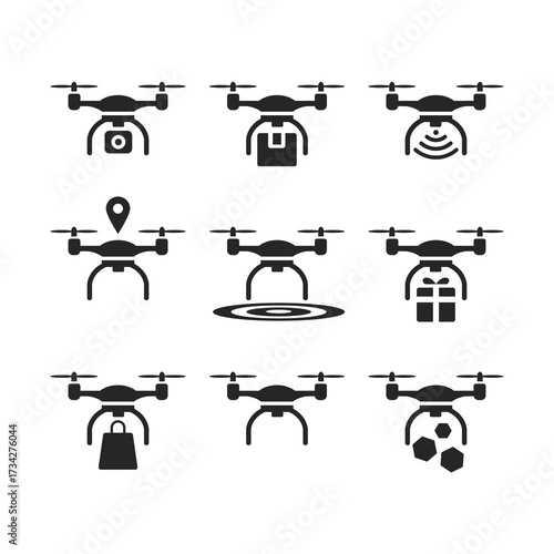 Set of 9 Flat Black Silhouette Drone Icons – Delivery, Photography, GPS, and Scanning Functions