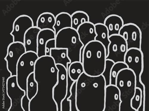 Hand drawn pattern of abstract crowd silhouettes with bold brush lines. Minimal black and white design featuring ghostly faces, creating a modern graphic look.