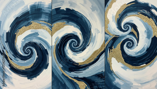 Modern monochrome wave stroke triptych in minimalist black ink with subtle golden overlays. A Japanese-inspired abstract wall art design emphasizing balance and harmony.