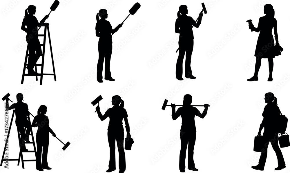 Obraz premium Cleaning service workers in action with tools, ladder, spray, mop, bucket, silhouette set for hygiene, janitorial, maintenance concepts